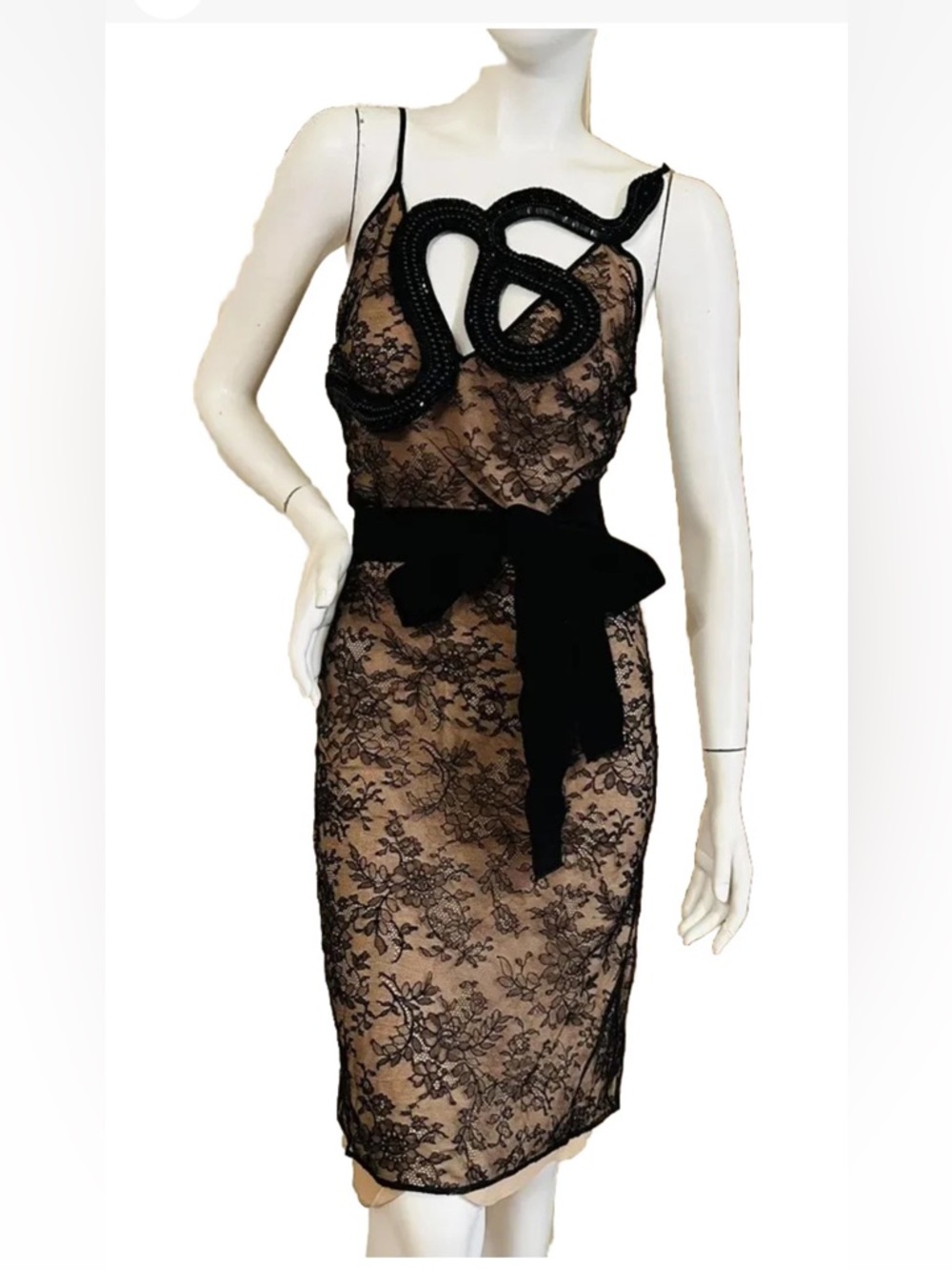 GUCCI SNAKE BLACK EMBROIDERY Silk Lined CHANTILLY LACE DRESS SIZE 42 IT - Picture 2 of 16